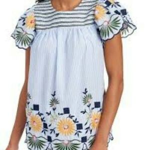 VCristina Striped Floral Embroidered Scalloped Top